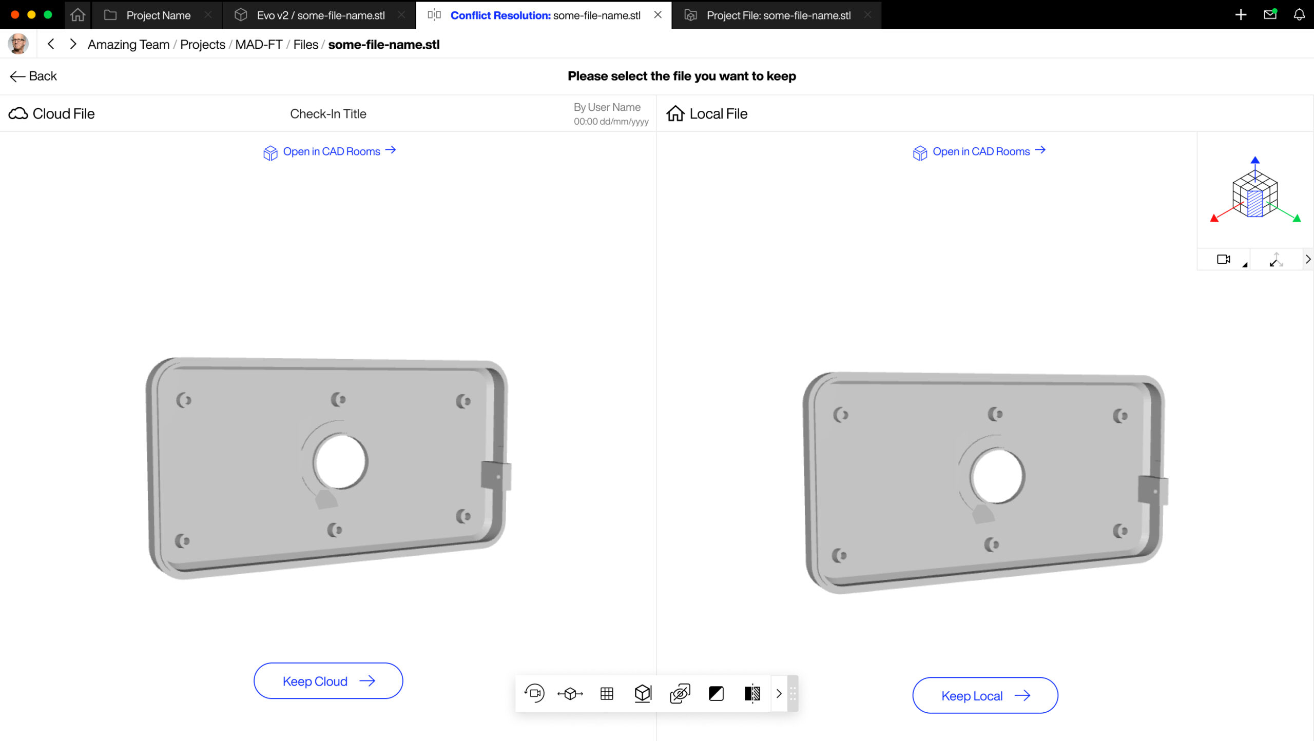An image showing a conflict resolution interface with side-by-side 3D views of a CAD file for a mechanical part, presenting options to choose between a cloud version and a local version of the file.